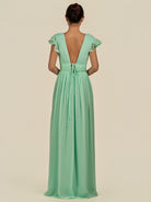 KissDress-Fienna Pale Pistachio A Line Chiffon Deep V Neck Long Bridesmaid Dress with Flutter Sleeves