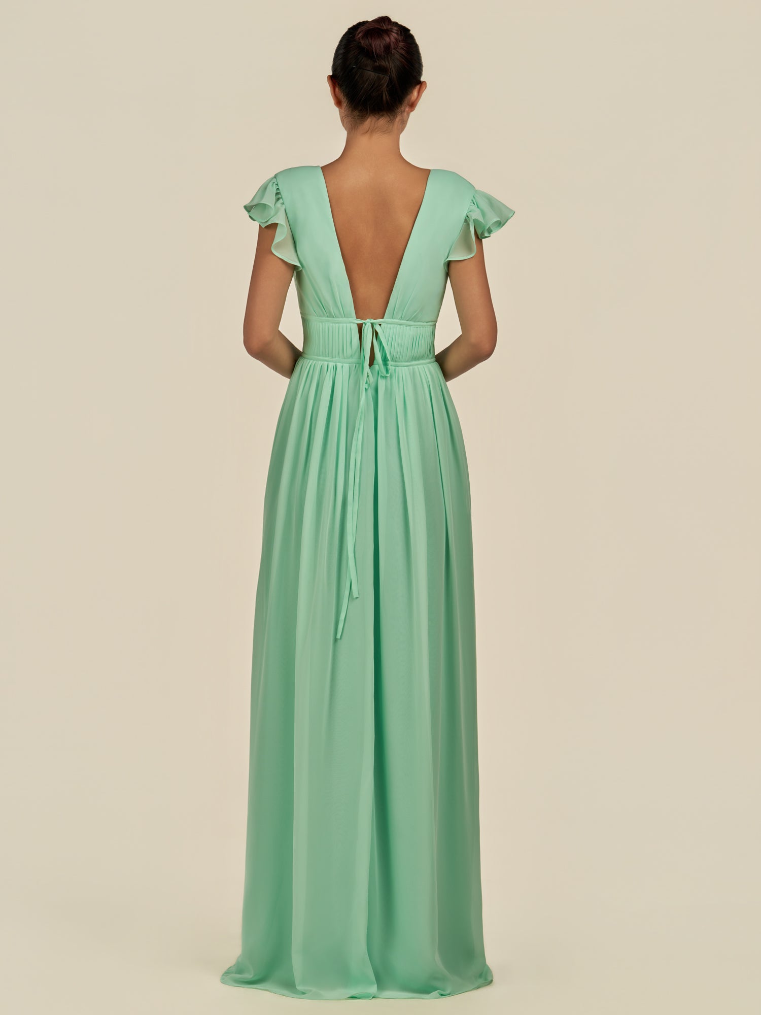 KissDress-Fienna Pale Pistachio A Line Chiffon Deep V Neck Long Bridesmaid Dress with Flutter Sleeves