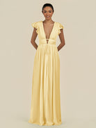 KissDress-Fienna Pastel Yellow A Line Chiffon Deep V Neck Long Bridesmaid Dress with Flutter Sleeves