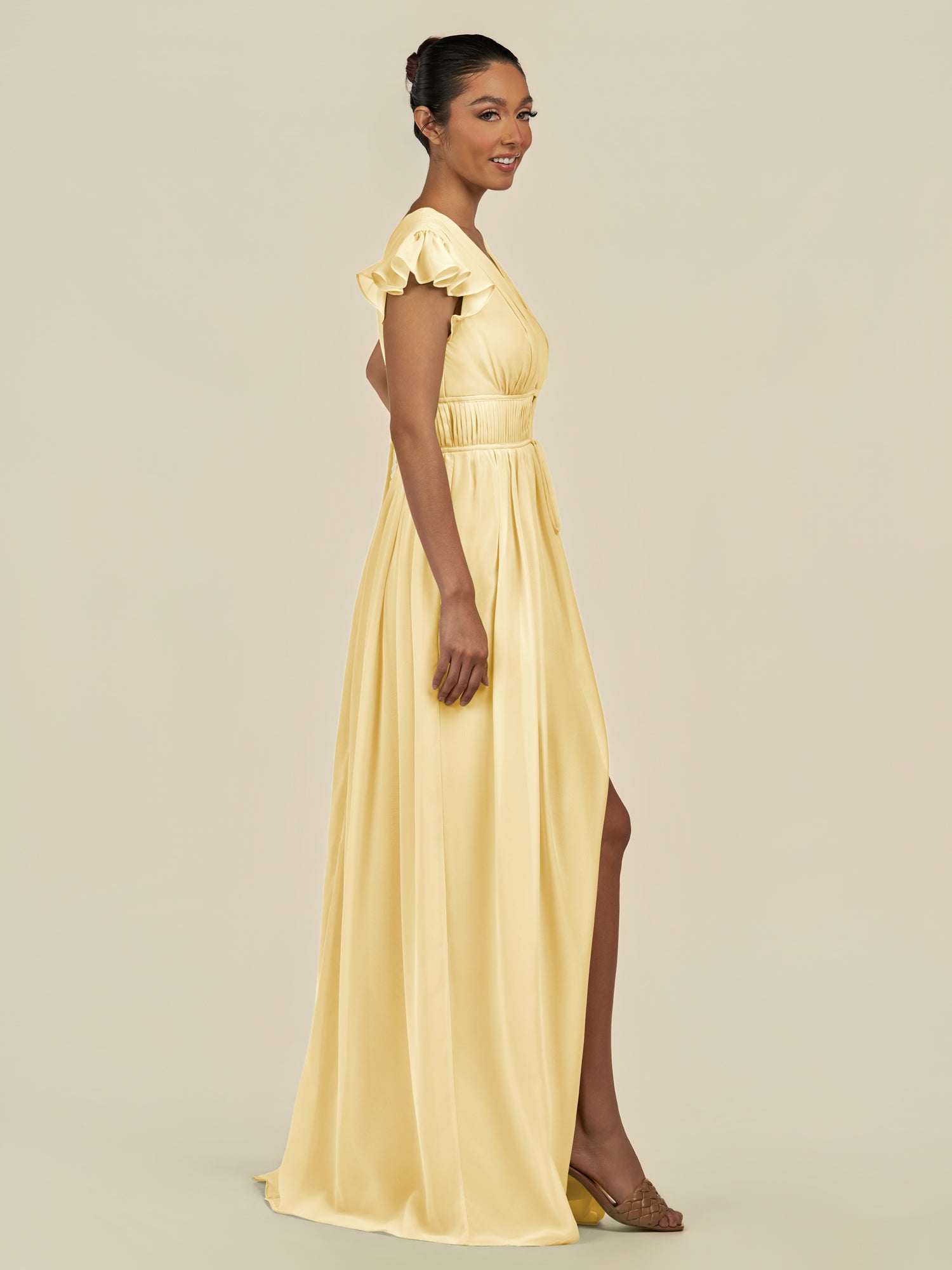 KissDress-Fienna Pastel Yellow A Line Chiffon Deep V Neck Long Bridesmaid Dress with Flutter Sleeves