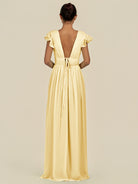 KissDress-Fienna Pastel Yellow A Line Chiffon Deep V Neck Long Bridesmaid Dress with Flutter Sleeves