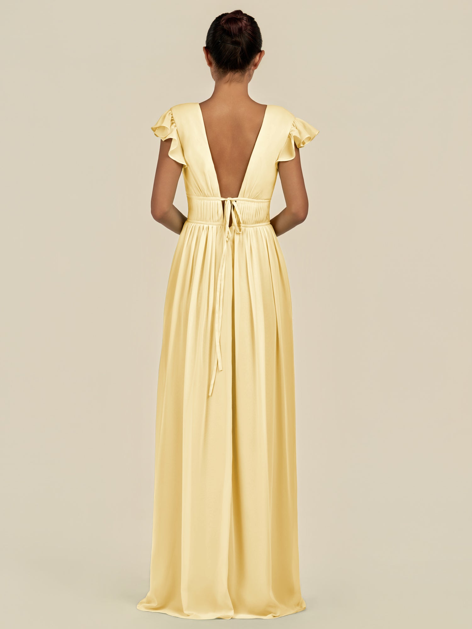 KissDress-Fienna Pastel Yellow A Line Chiffon Deep V Neck Long Bridesmaid Dress with Flutter Sleeves