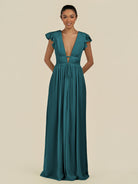 KissDress-Fienna Pine A Line Chiffon Deep V Neck Long Bridesmaid Dress with Flutter Sleeves