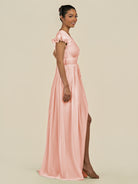 KissDress-Fienna Rose Petal A Line Chiffon Deep V Neck Long Bridesmaid Dress with Flutter Sleeves