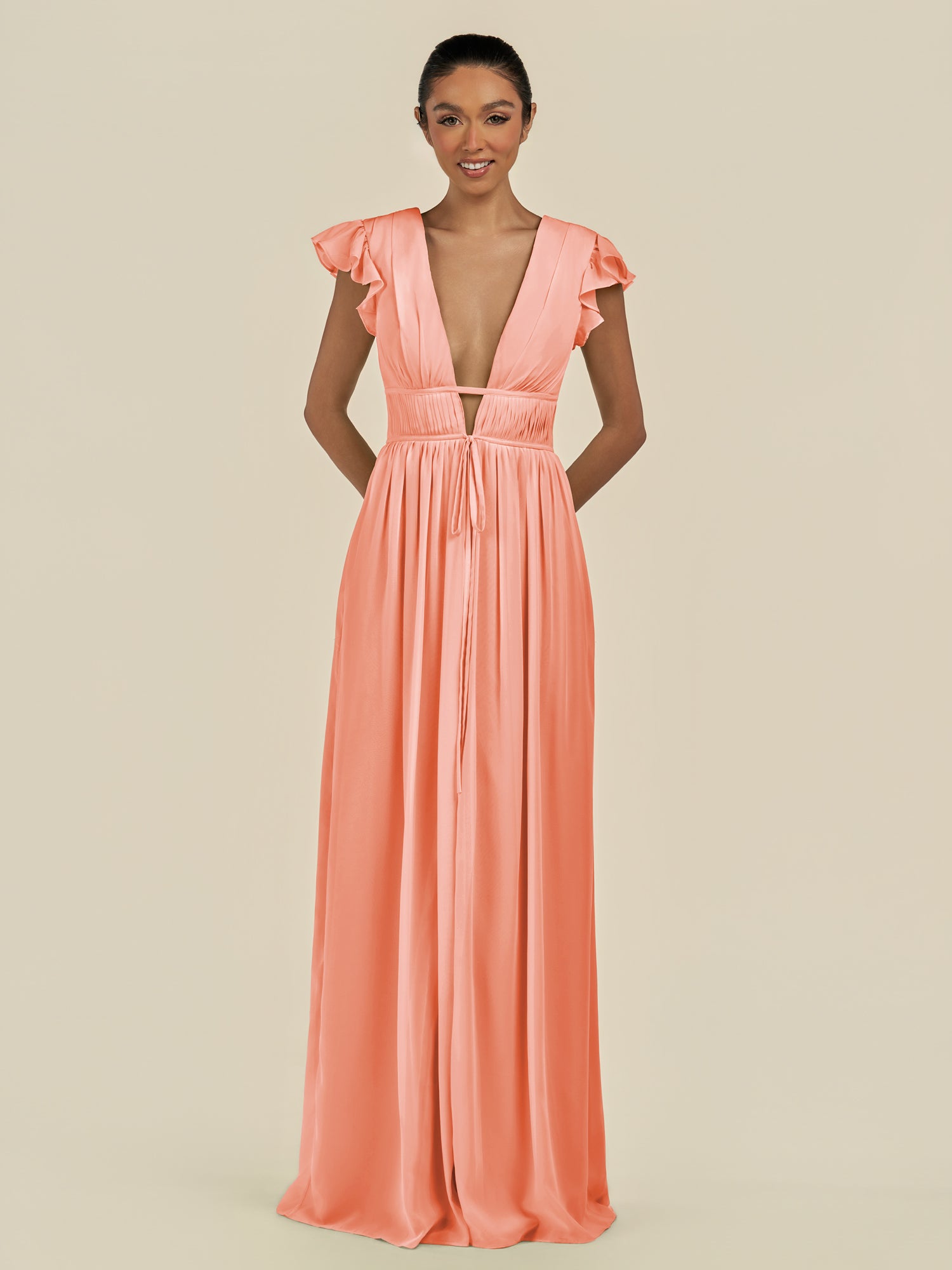 KissDress-Fienna Rosette A Line Chiffon Deep V Neck Long Bridesmaid Dress with Flutter Sleeves