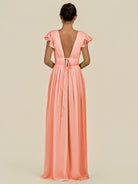 KissDress-Fienna Rosette A Line Chiffon Deep V Neck Long Bridesmaid Dress with Flutter Sleeves