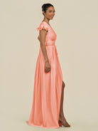 KissDress-Fienna Rosette A Line Chiffon Deep V Neck Long Bridesmaid Dress with Flutter Sleeves
