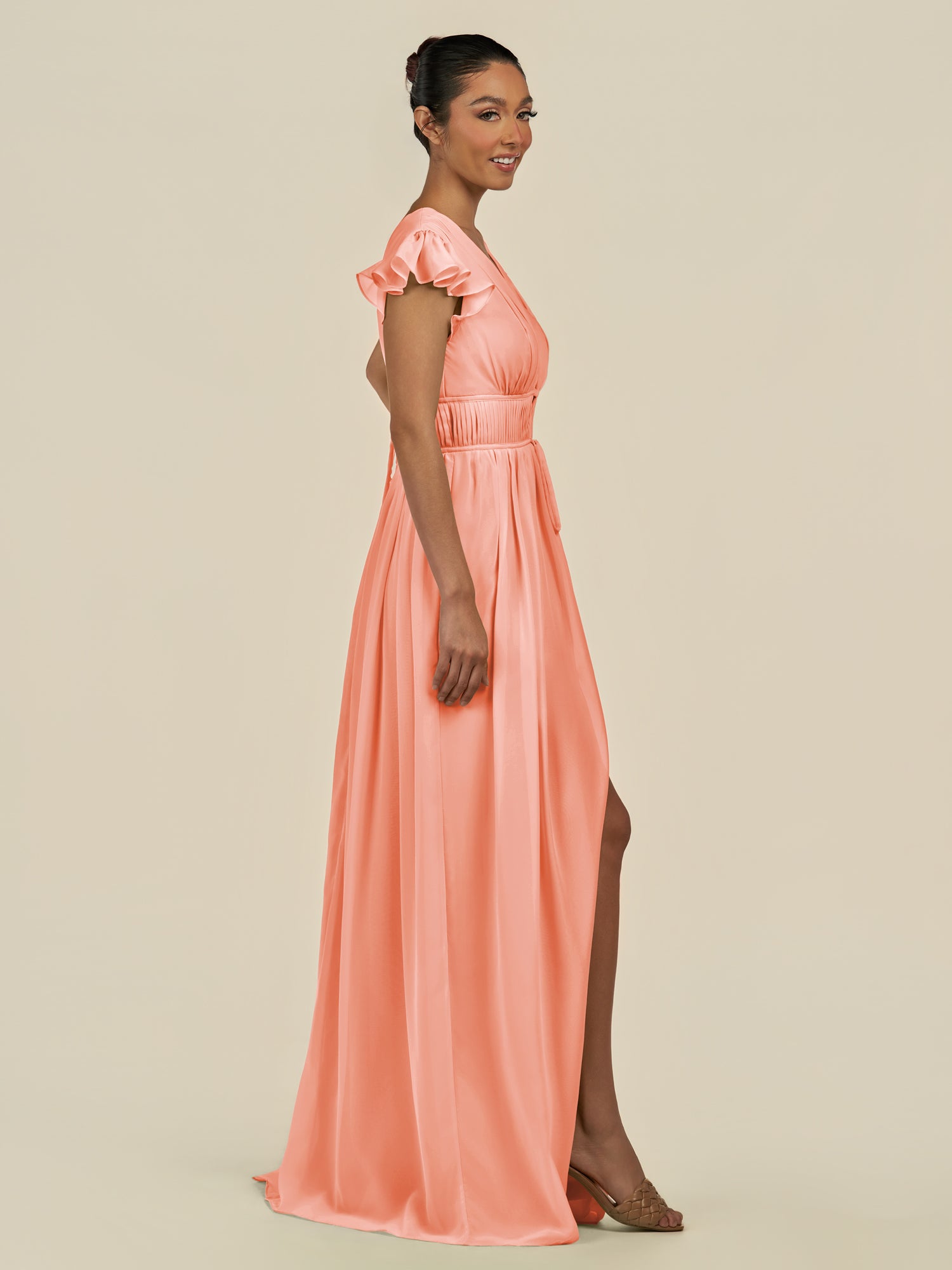 KissDress-Fienna Rosette A Line Chiffon Deep V Neck Long Bridesmaid Dress with Flutter Sleeves
