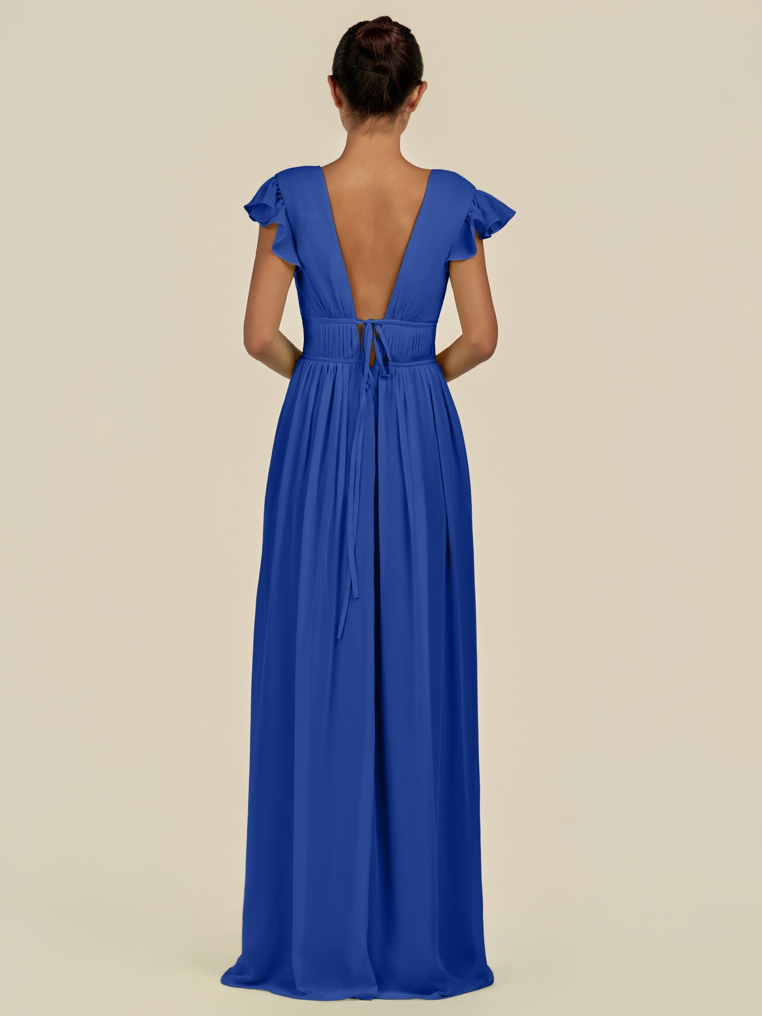 KissDress-Fienna Royal Blue A Line Chiffon Deep V Neck Long Bridesmaid Dress with Flutter Sleeves
