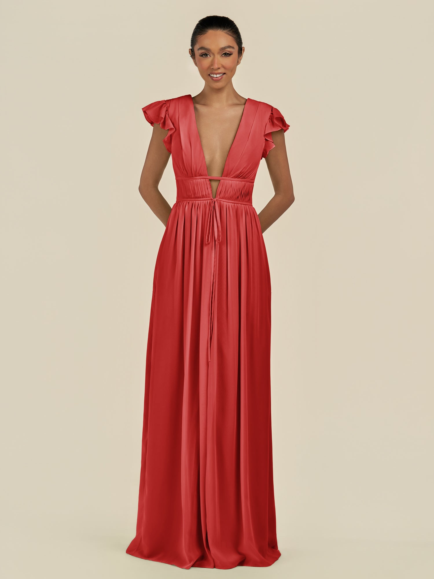KissDress-Fienna Ruby Red A Line Chiffon Deep V Neck Long Bridesmaid Dress with Flutter Sleeves