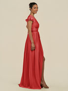 KissDress-Fienna Ruby Red A Line Chiffon Deep V Neck Long Bridesmaid Dress with Flutter Sleeves