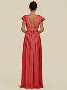 KissDress-Fienna Ruby Red A Line Chiffon Deep V Neck Long Bridesmaid Dress with Flutter Sleeves