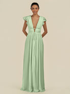 KissDress-Fienna Sage A Line Chiffon Deep V Neck Long Bridesmaid Dress with Flutter Sleeves