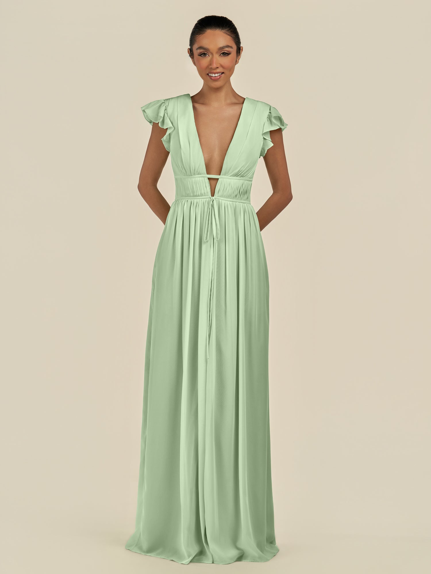 KissDress-Fienna Sage A Line Chiffon Deep V Neck Long Bridesmaid Dress with Flutter Sleeves