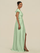 KissDress-Fienna Sage A Line Chiffon Deep V Neck Long Bridesmaid Dress with Flutter Sleeves