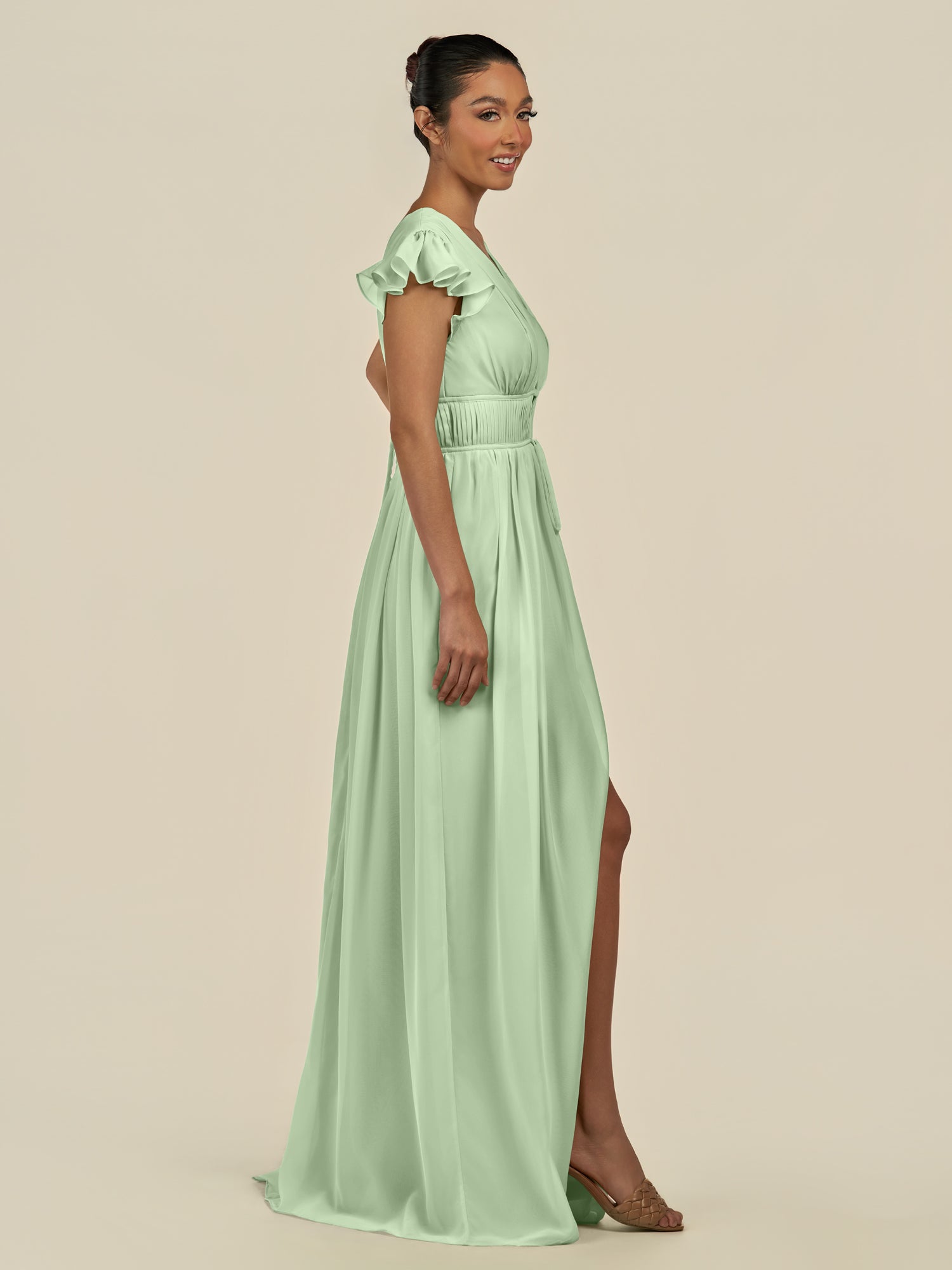 KissDress-Fienna Sage A Line Chiffon Deep V Neck Long Bridesmaid Dress with Flutter Sleeves