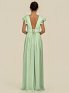 KissDress-Fienna Sage A Line Chiffon Deep V Neck Long Bridesmaid Dress with Flutter Sleeves