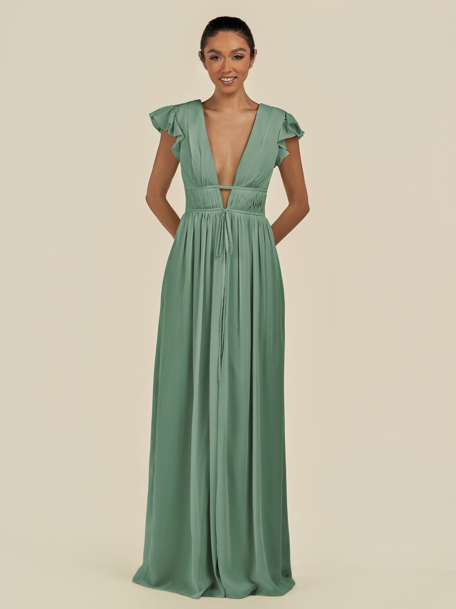KissDress-Fienna Sea Glass A Line Chiffon Deep V Neck Long Bridesmaid Dress with Flutter Sleeves