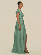 KissDress-Fienna Sea Glass A Line Chiffon Deep V Neck Long Bridesmaid Dress with Flutter Sleeves