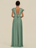 KissDress-Fienna Sea Glass A Line Chiffon Deep V Neck Long Bridesmaid Dress with Flutter Sleeves