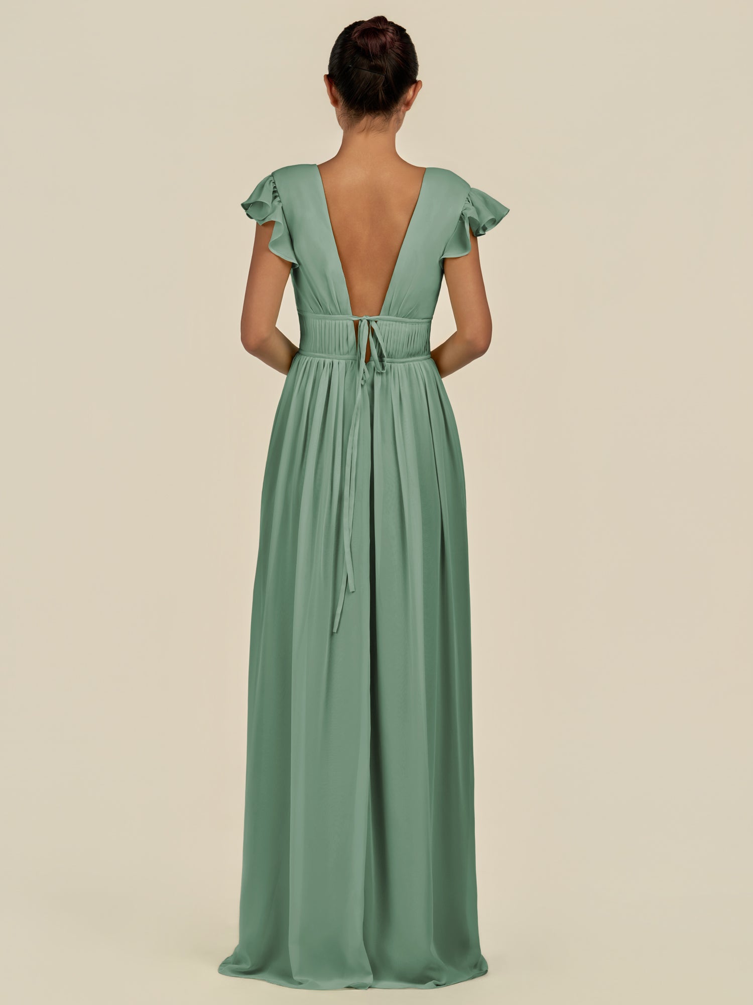 KissDress-Fienna Sea Glass A Line Chiffon Deep V Neck Long Bridesmaid Dress with Flutter Sleeves