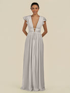 KissDress-Fienna Silver A Line Chiffon Deep V Neck Long Bridesmaid Dress with Flutter Sleeves