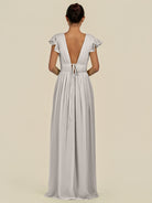 KissDress-Fienna Silver A Line Chiffon Deep V Neck Long Bridesmaid Dress with Flutter Sleeves