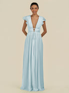 KissDress-Fienna Sky Blue A Line Chiffon Deep V Neck Long Bridesmaid Dress with Flutter Sleeves