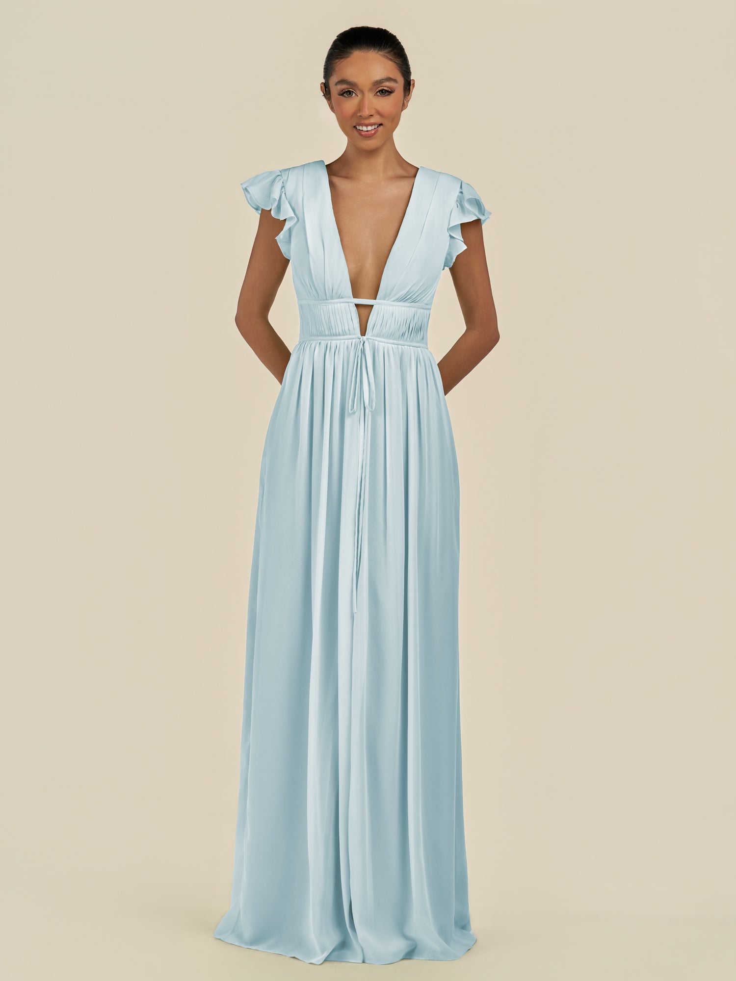 KissDress-Fienna Sky Blue A Line Chiffon Deep V Neck Long Bridesmaid Dress with Flutter Sleeves
