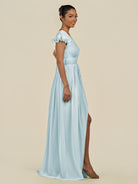 KissDress-Fienna Sky Blue A Line Chiffon Deep V Neck Long Bridesmaid Dress with Flutter Sleeves