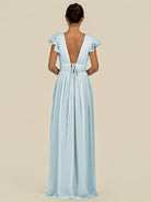 KissDress-Fienna Sky Blue A Line Chiffon Deep V Neck Long Bridesmaid Dress with Flutter Sleeves