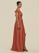 KissDress-Fienna Spice A Line Chiffon Deep V Neck Long Bridesmaid Dress with Flutter Sleeves