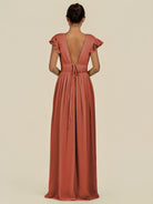KissDress-Fienna Spice A Line Chiffon Deep V Neck Long Bridesmaid Dress with Flutter Sleeves