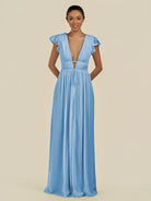 KissDress-Fienna Steel Blue A Line Chiffon Deep V Neck Long Bridesmaid Dress with Flutter Sleeves