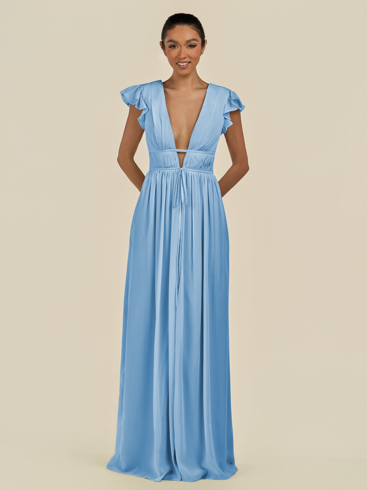 KissDress-Fienna Steel Blue A Line Chiffon Deep V Neck Long Bridesmaid Dress with Flutter Sleeves