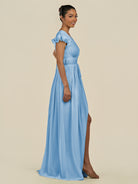 KissDress-Fienna Steel Blue A Line Chiffon Deep V Neck Long Bridesmaid Dress with Flutter Sleeves