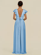 KissDress-Fienna Steel Blue A Line Chiffon Deep V Neck Long Bridesmaid Dress with Flutter Sleeves