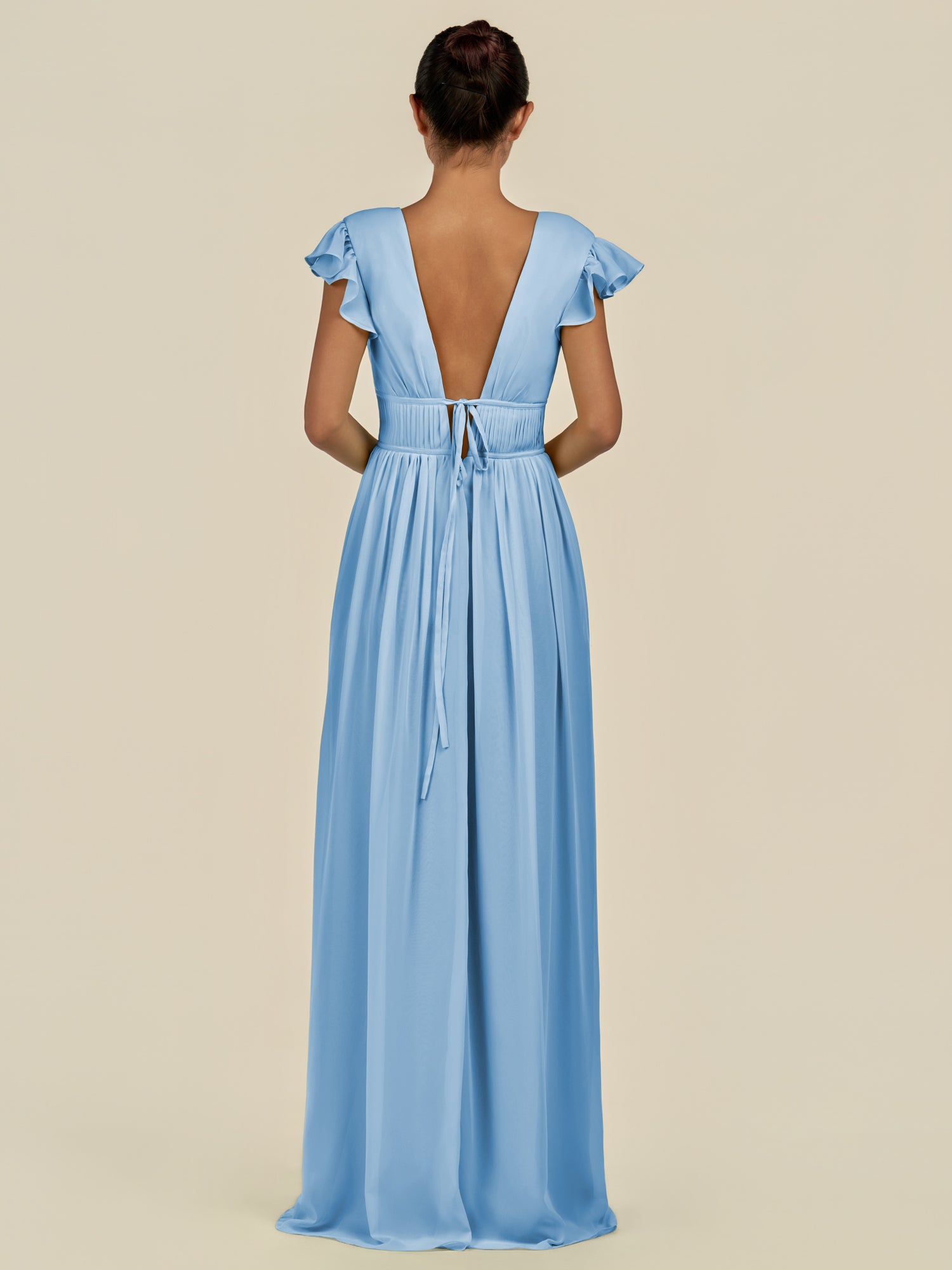 KissDress-Fienna Steel Blue A Line Chiffon Deep V Neck Long Bridesmaid Dress with Flutter Sleeves
