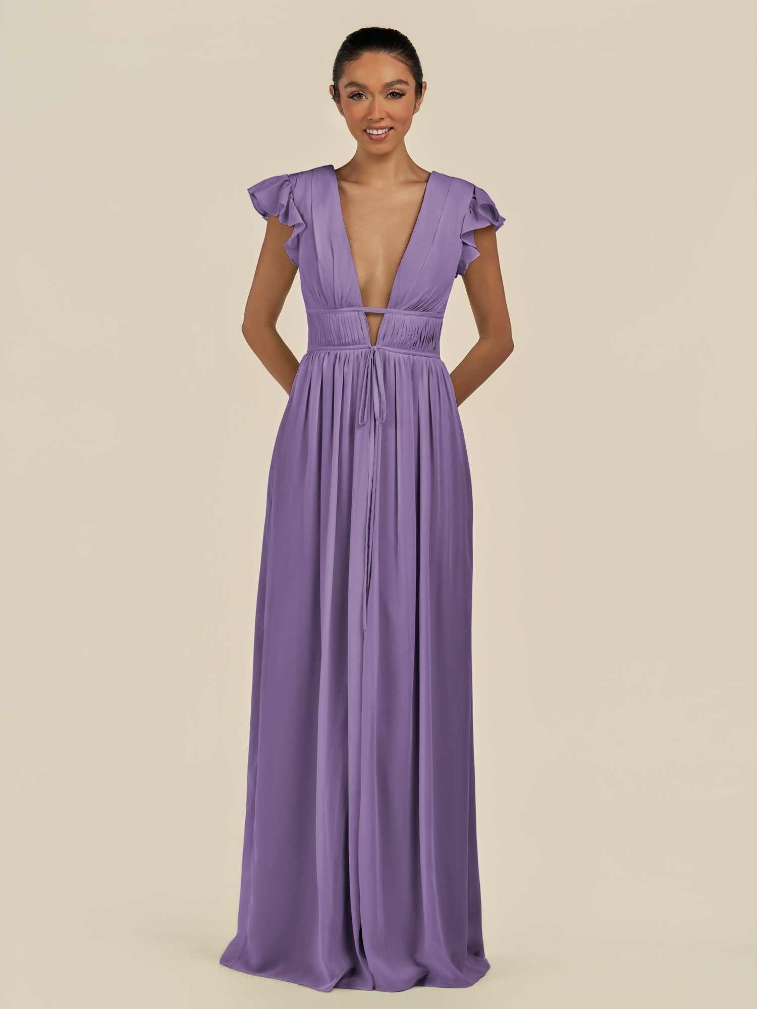 KissDress-Fienna Tahiti A Line Chiffon Deep V Neck Long Bridesmaid Dress with Flutter Sleeves