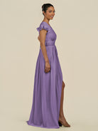 KissDress-Fienna Tahiti A Line Chiffon Deep V Neck Long Bridesmaid Dress with Flutter Sleeves