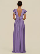 KissDress-Fienna Tahiti A Line Chiffon Deep V Neck Long Bridesmaid Dress with Flutter Sleeves
