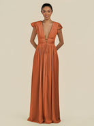 KissDress-Fienna Terracotta A Line Chiffon Deep V Neck Long Bridesmaid Dress with Flutter Sleeves