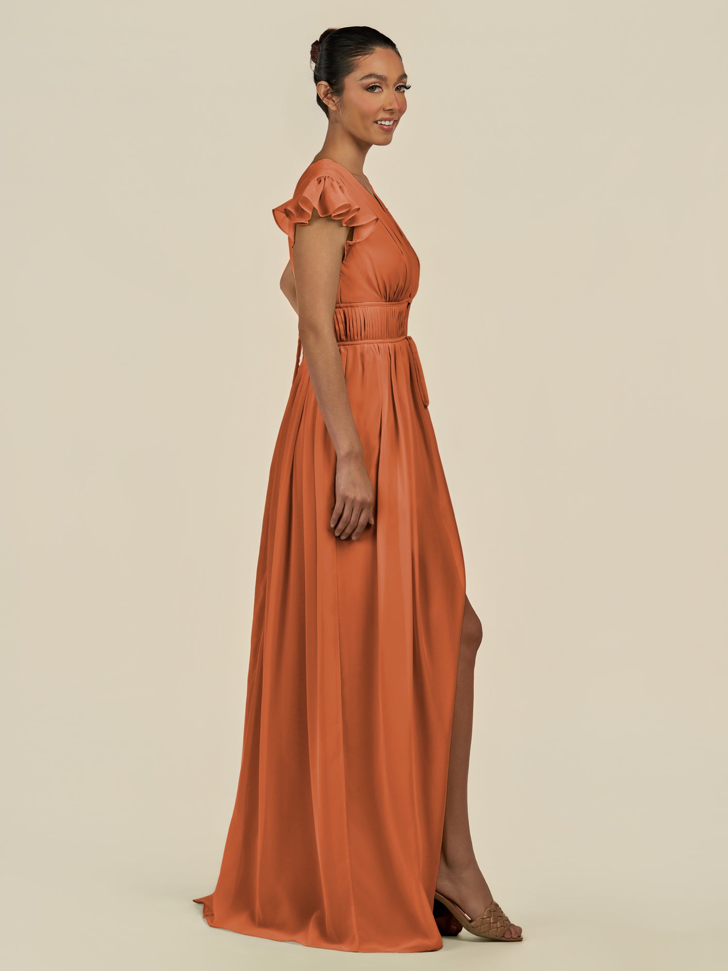 KissDress-Fienna Terracotta A Line Chiffon Deep V Neck Long Bridesmaid Dress with Flutter Sleeves