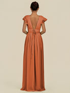 KissDress-Fienna Terracotta A Line Chiffon Deep V Neck Long Bridesmaid Dress with Flutter Sleeves