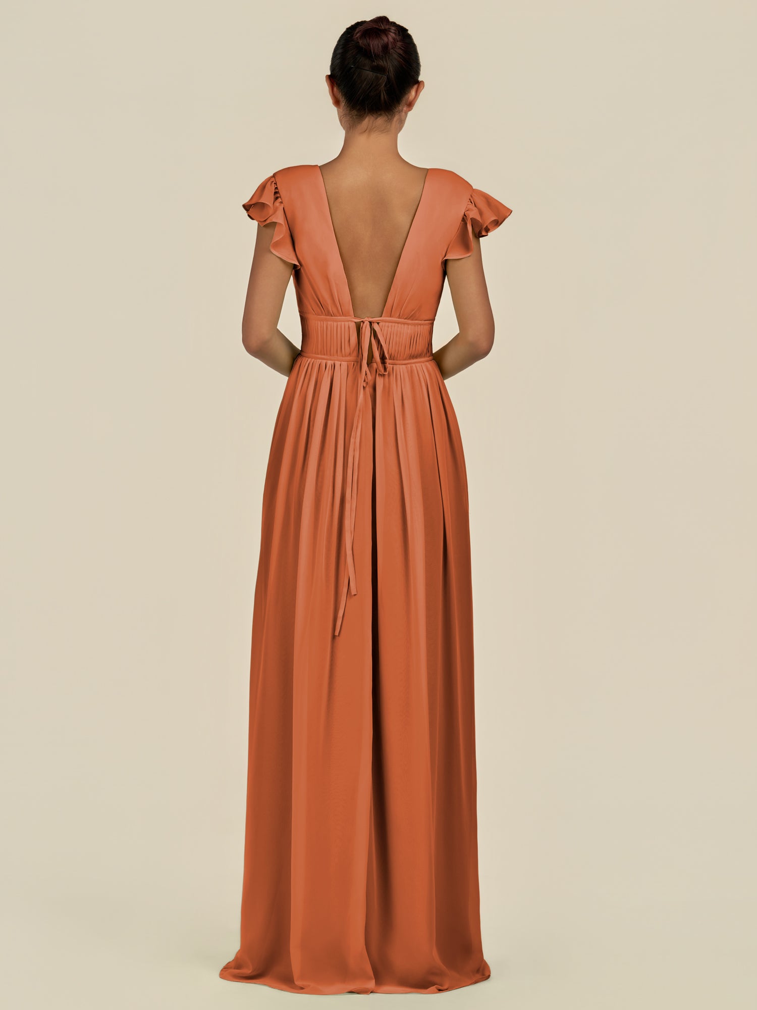 KissDress-Fienna Terracotta A Line Chiffon Deep V Neck Long Bridesmaid Dress with Flutter Sleeves