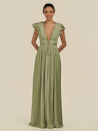 KissDress-Fienna Thyme A Line Chiffon Deep V Neck Long Bridesmaid Dress with Flutter Sleeves