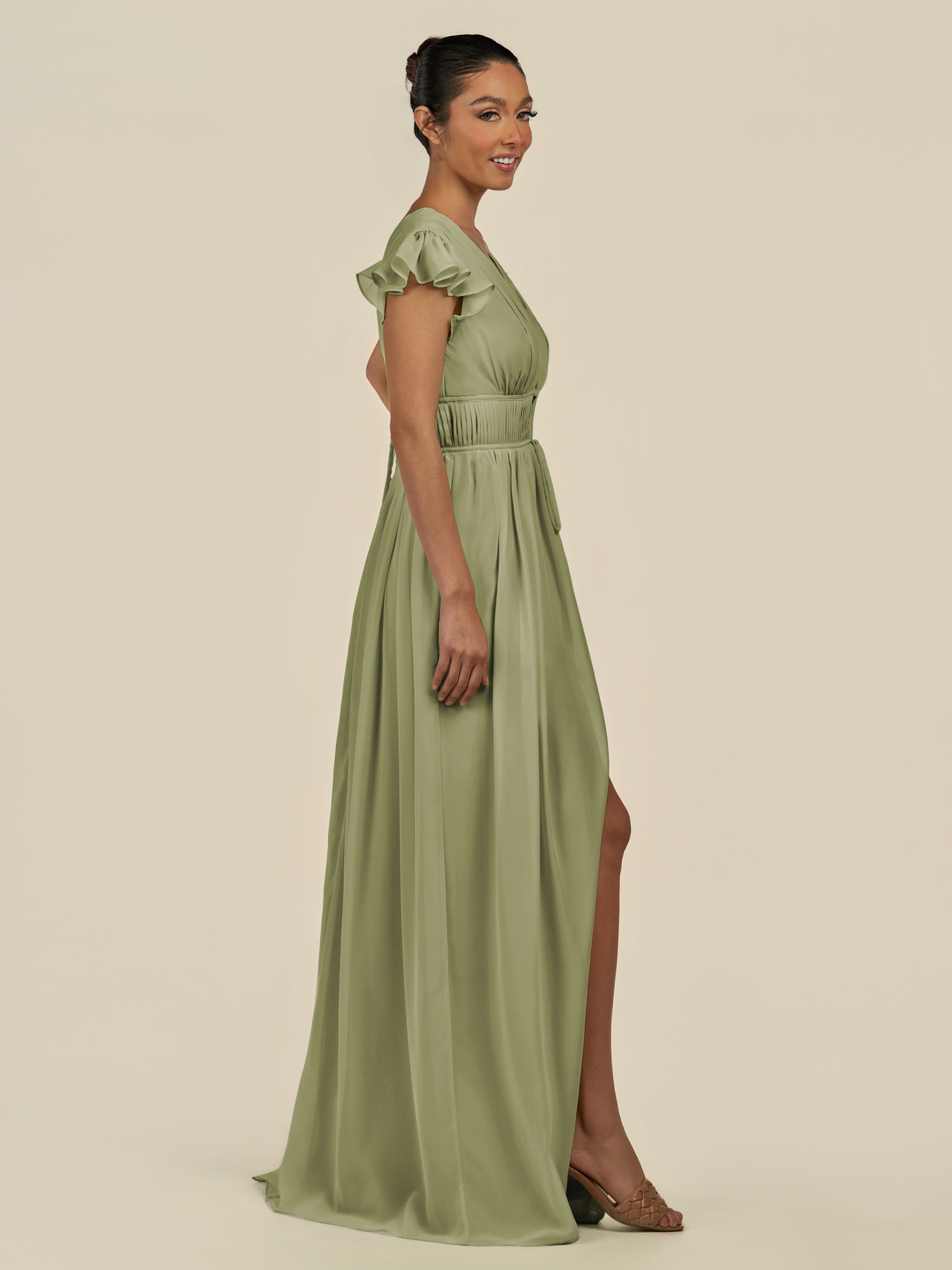 KissDress-Fienna Thyme A Line Chiffon Deep V Neck Long Bridesmaid Dress with Flutter Sleeves