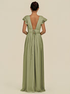 KissDress-Fienna Thyme A Line Chiffon Deep V Neck Long Bridesmaid Dress with Flutter Sleeves