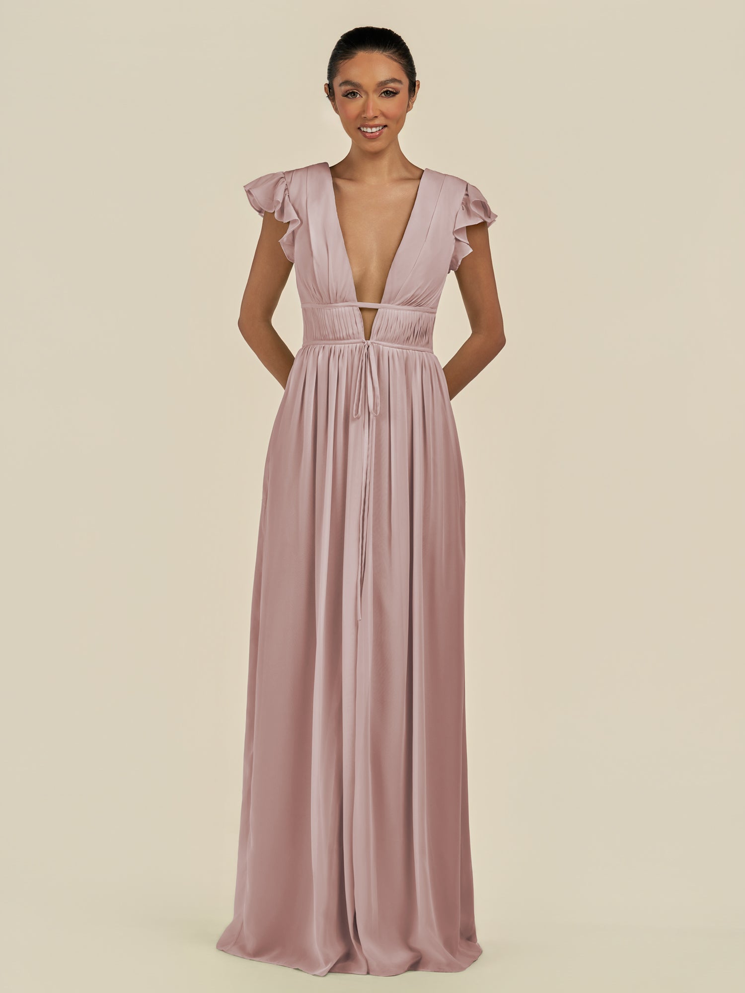 KissDress-Fienna Toffee A Line Chiffon Deep V Neck Long Bridesmaid Dress with Flutter Sleeves