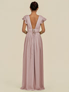 KissDress-Fienna Toffee A Line Chiffon Deep V Neck Long Bridesmaid Dress with Flutter Sleeves